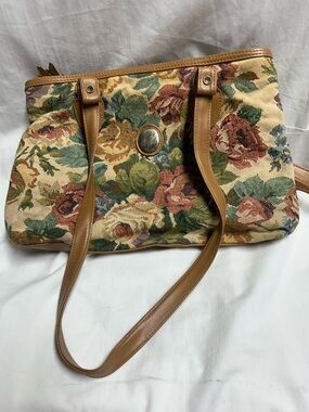 Vintage Mitzi 80s 90s Tapestry Carpet Bag Satchel Purse Cream  Multi Floral